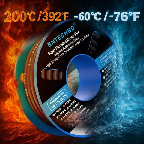 Top Shelf 8 Gauge Silicone Wire Black 100 Foot Ultra Flexible Stranded Tinned Copper Cable for Car Audio and Hot Rod Builds shown on a spool.