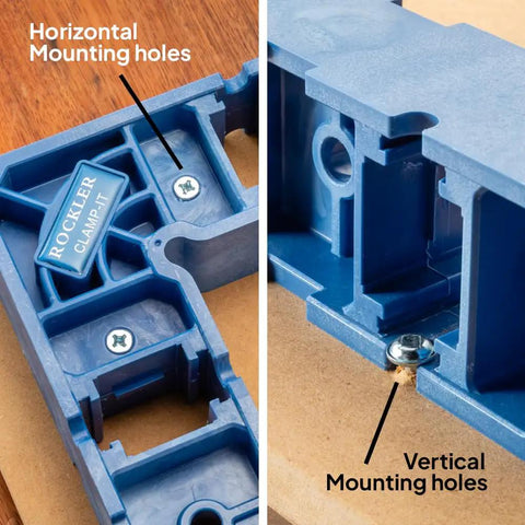 Close-up of blue 90 Degree Clamp It Assembly Square for Woodworking with horizontal and vertical mounting holes visible.
