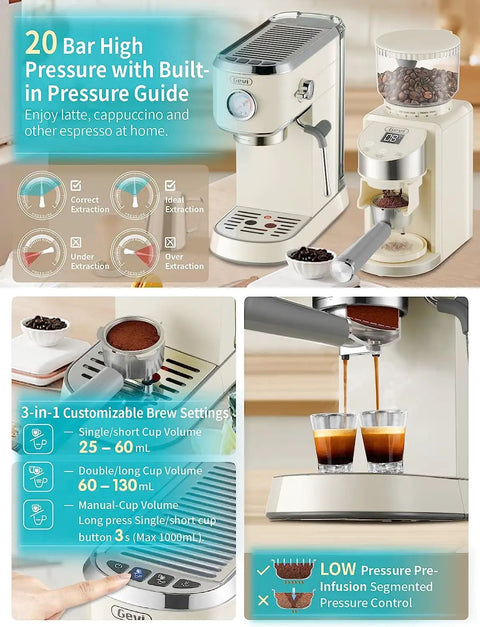 Top Tier 20 Bar Espresso Machine With Precision Burr Grinder And Full Steam Wand for home coffee brewing.