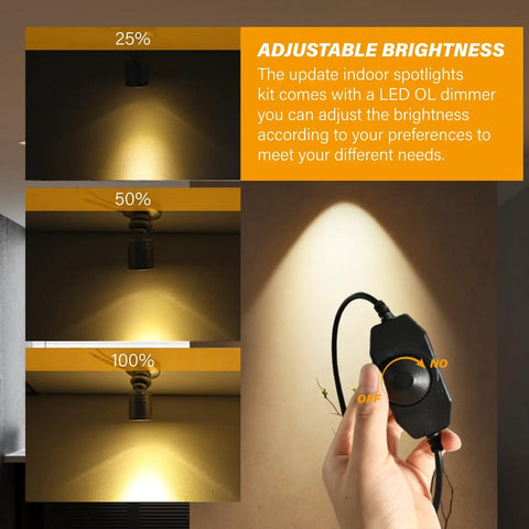 Adjustable brightness demo for Dimmable LED Mini Spotlight Set For Jewelry Displays, showing dimmer at 25%, 50%, and 100% light levels.