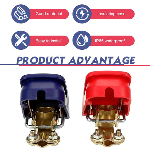 2 PCS Quick Release Battery Terminal Connectors Set, Universal Positive & Negative Disconnect Clamps with Red Blue Covers for Cars, Trucks & SUVs, front view showing good material and features.
