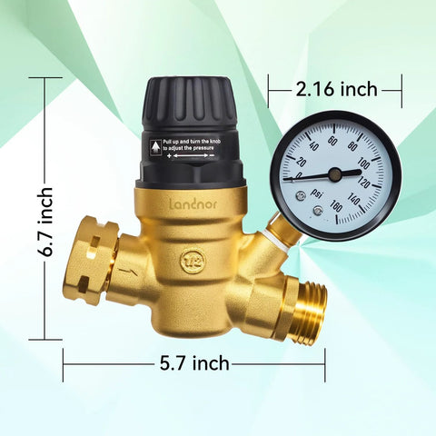 Front view of LANDNOR RV water pressure regulator valve with gauge, brass lead-free body and adjustable knob.