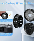 Detailed view of Eight Pack Cable Grommet Kit For Desks And Countertops, Snap In Round Nylon Grommets With Petal Shape, black color.