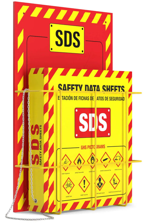 Wall Mounted SDS Station With 3 Inch Binder And Wire Rack OSHA GHS Safety Data Sheet Station Bilingual Labels Display Sign Chain And Mounting Hardware For Quick Install, front view