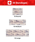 Front view of Thrive First Aid adhesive bandage packets: 10 Round, 10 Medium, 10 Large on white wrappers