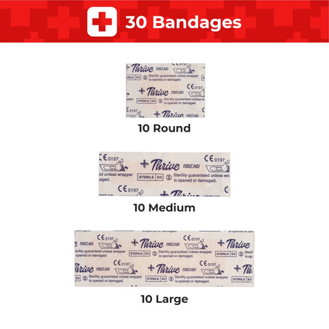 Front view of Thrive First Aid adhesive bandage packets: 10 Round, 10 Medium, 10 Large on white wrappers