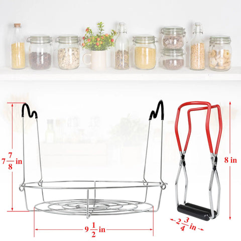 12 Inch Stainless Steel Canning Rack with contour handles and jar lifter dimensions for pressure canner pot use.
