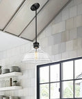 Industrial Kitchen Island Pendant Light With Clear Glass Shade, Black Metal Frame Ceiling Hanging Fixture in modern kitchen