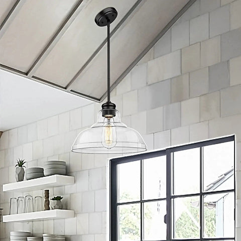Industrial Kitchen Island Pendant Light With Clear Glass Shade, Black Metal Frame Ceiling Hanging Fixture in modern kitchen
