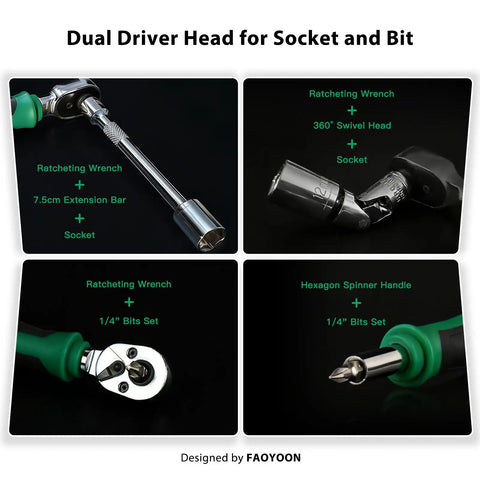 Dual driver head showcasing ratcheting wrench with 39 Piece Ratcheting Wrench Set With Mini Sockets Magnetic Screwdrivers Power Bits