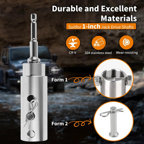 Heavy Duty Trailer Jack Drill Adapter For One Inch Square Drive Shafts, stainless construction shown with mounting options.