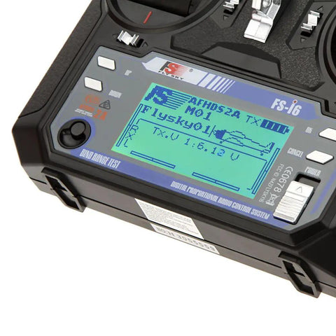 Close-up of Flysky FS i6 AFHDS 2A 2.4GHz 6 Channel Radio Transmitter for RC Helicopter and Glider display.