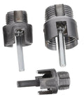 Heavy Duty 3 Piece Pvc Pipe Thread Cutting Set For Electric Drill Internal And External Threader Kit showing three sizes of cutting tools.