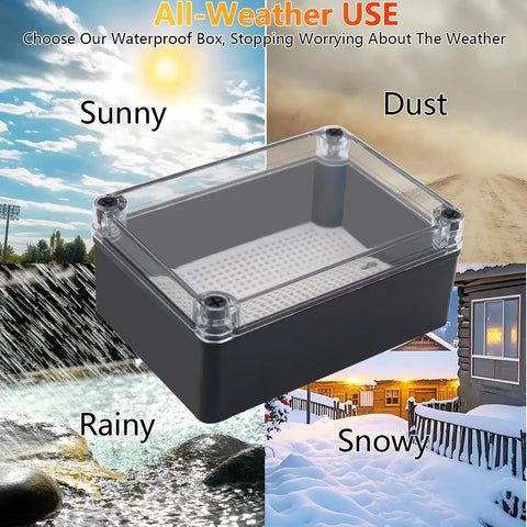 IP67 Waterproof ABS Black Junction Box Enclosure with Clear Cover in various weather conditions, showcasing durability