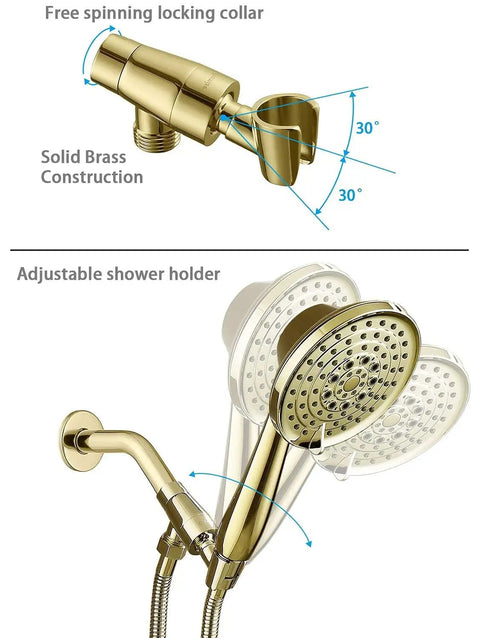 High Pressure 6 Setting Detachable Handheld Shower Head With Extra Long Flexible Hose Adjustable Metal Bracket Polished Brass Finish 2.5 GPM