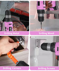 Pink Go To Cordless Drill Kit With 20V Battery And Charger 30 Nm Torque 21 Plus 1 Clutch Three Eighths Inch Keyless Chuck LED Light Driver Bits Included Used For Drilling Metal, Wood, Corners, Screws