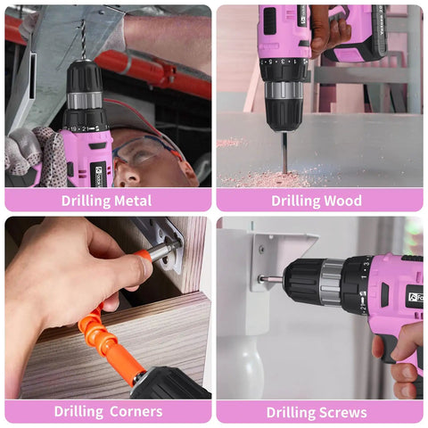 Pink Go To Cordless Drill Kit With 20V Battery And Charger 30 Nm Torque 21 Plus 1 Clutch Three Eighths Inch Keyless Chuck LED Light Driver Bits Included Used For Drilling Metal, Wood, Corners, Screws