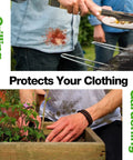 Person grilling and gardening with stained shirt, highlighting clothing protection with server aprons.