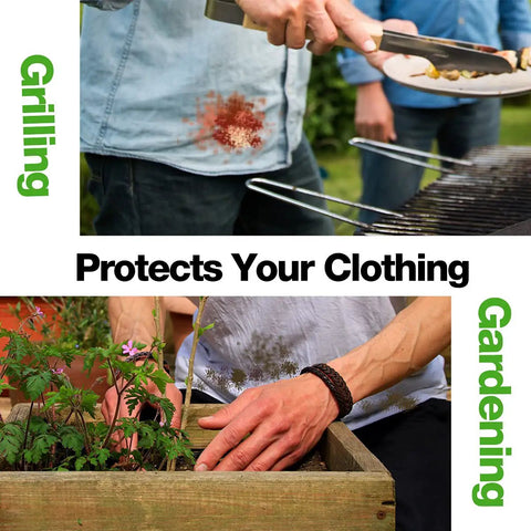 Person grilling and gardening with stained shirt, highlighting clothing protection with server aprons.