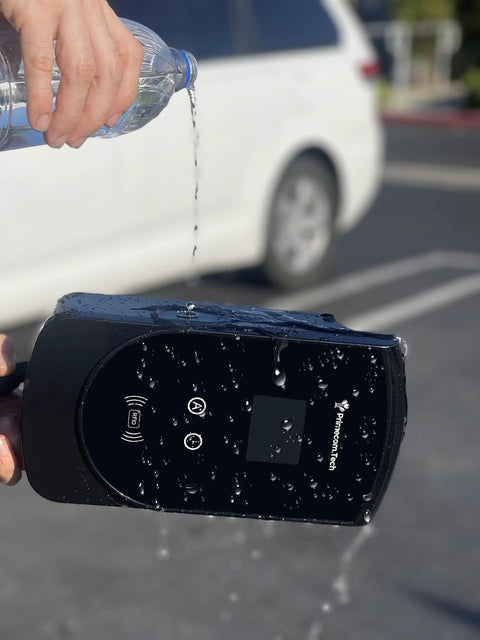 Type 2 EV Wall Charger Level 2 240V Smart EVSE showing water resistance in outdoor setting