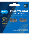 EPT MissingLink Joining Link For 10 Speed Chains, 2 pairs displayed on blue packaging, reusable, anti-rust, Shimano compatible, excluding Campagnolo.