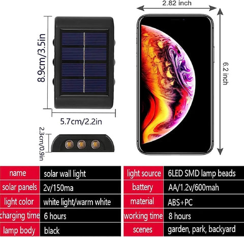 Dimensions and specifications of Up And Down Solar Fence Lights 2 Pack Waterproof Solar Step Lights Warm White Outdoor Deck Lighting next to phone.