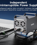 Independent uninterruptible power supply with dual cooling fans connected to a laptop and power adapter, ensuring reliability.