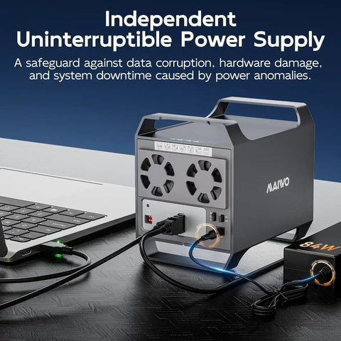 Independent uninterruptible power supply with dual cooling fans connected to a laptop and power adapter, ensuring reliability.