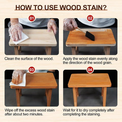 How to use Top Shelf Water Based Wood Stain In Rich Teak Tone in four steps on small wooden furniture.