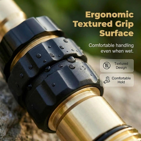 Universal Three Quarter Inch Garden Hose Quick Connect Fittings Set with ergonomic textured grip surface