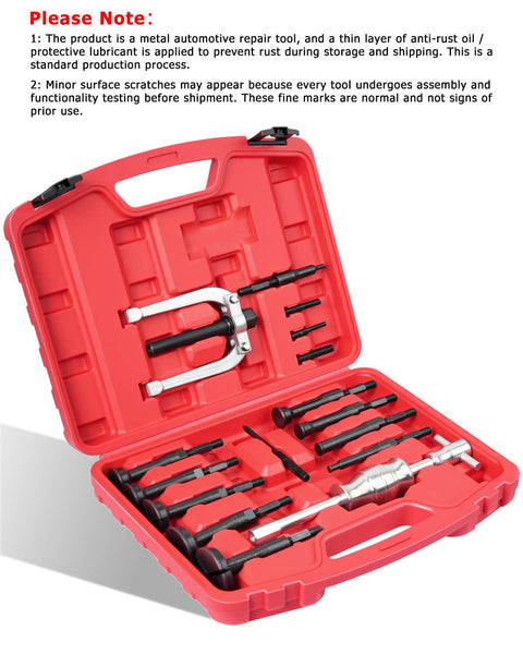 Blind Hole Collet Bearing Puller Set With Slide Hammer 16 Piece Inner Bearing Extractor Kit in red case with components visible.