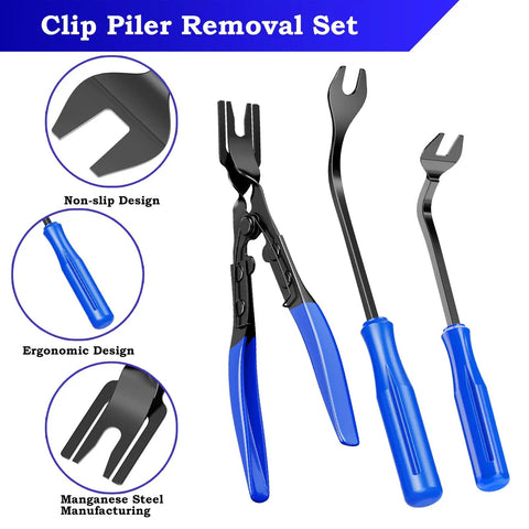 7 Piece Car Trim Removal Tool Kit with plastic pry tools and auto fastener clip pliers for body upholstery and dashboard removal