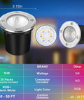 10W RGBW Landscape Lights for Outdoors Low Voltage 12-24V Well Lights In Ground Multicolor Garden Path Tree Lighting IP67 Waterproof Remote Control With 4 Modes That Slaps 3 Brightness Levels 10 Pack shown with dimensions and features