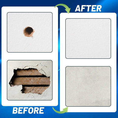 Before and after comparison using Eight Piece Four Inch Aluminum Drywall Patch Kit with heavy duty wall hole patches for repairs.