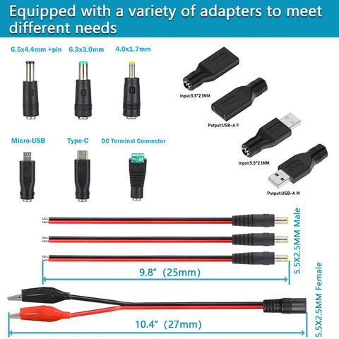 Image showing various adapter tips, cables, and connectors for Adjustable 72W Power Supply With 3V To 24V DC Output, Universal Switching AC To DC Adapter With LED Voltage Display And 13 Tips, Input Range 100V To 240V, Up To 3000mA Max For 3V To 24V Household Electronics.