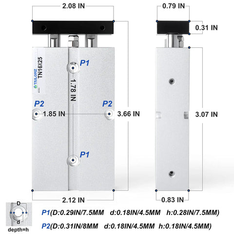 Product dimensions of Pneumatic Air Cylinder 16mm Bore 25mm Stroke Beefy Aluminum Body Double Rod Double Acting, Model TN16-25.