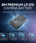 Fresh LP E10 Camera Batteries Two Pack For Canon EOS Rebel T3 T5 T6 T7 T100 1100D 1200D 1300D 1500D 2000D 3000D 4000D image showing LP-E10 battery with characteristics.