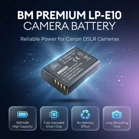Fresh LP E10 Camera Batteries Two Pack For Canon EOS Rebel T3 T5 T6 T7 T100 1100D 1200D 1300D 1500D 2000D 3000D 4000D image showing LP-E10 battery with characteristics.
