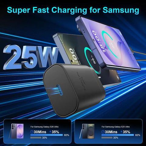 Small But Mighty 25W USB C Wall Charger Fast Charge Kit With 10ft Type C Cable Two Pack For Galaxy S26 Ultra and S25 Ultra
