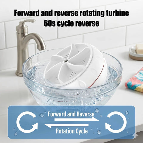Straight Up Portable Mini Washing Machine With Ultrasonic Turbo Action And Grip Tight Suction Cups For No Sweat Laundry Care In College Dorms Or Camper Vans USB Powered in a bowl with water.
