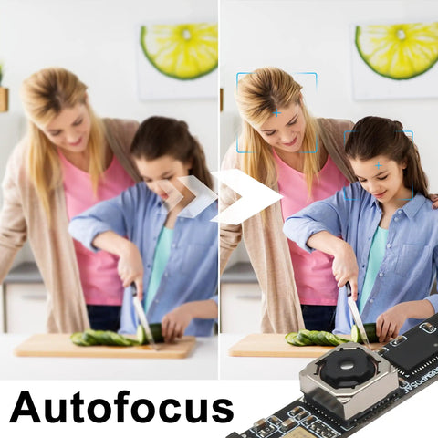 Image showing the autofocus feature of an 8MP USB Webcam With Microphone Autofocus For PC, Laptop And Laser Engravers, Plug And Play Camera Module For Lightburn Windows Mac Linux Android, High Def, Compact Design, Great For Vision Projects, comparing a clear image versus a blurred one in a kitchen setting.