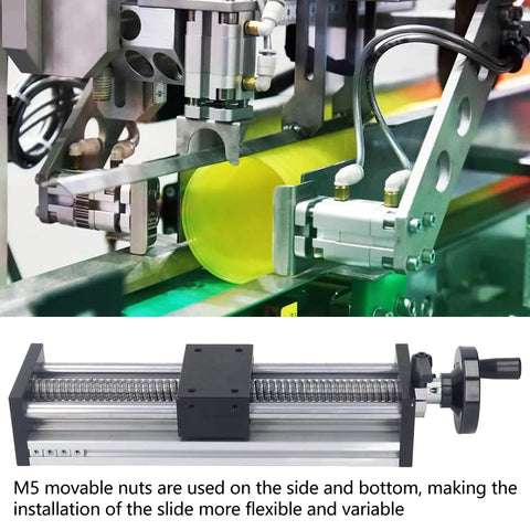 Rock Solid 200mm Stroke Manual Ball Screw Linear Actuator with rail guide slide and handwheel in use on equipment