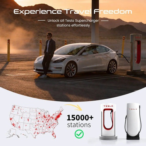 Nacs To Ccs1 Adapter For Tesla Superchargers 500A 1000V DC Fast Charging with a Tesla charging at a supercharger station.
