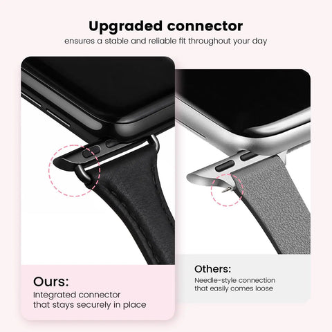 Killer Genuine Leather Watch Strap Compatible With Apple Watch For Women Lightweight Breathable Replacement Band close-up of secure connector feature.