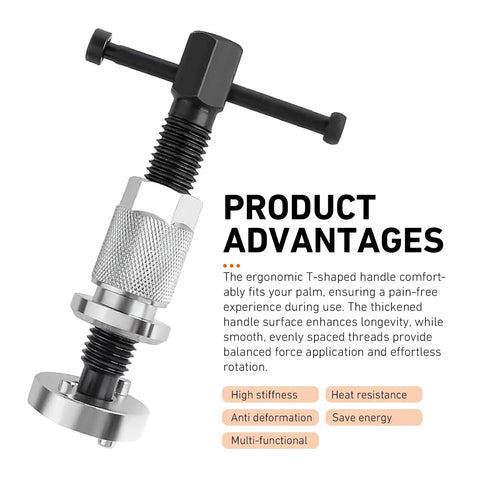 Brake Caliper Compression Tool Set For Car Disc Brakes, Chrome Plated Steel Piston Rewind Tool, Universal Rear Brake Pad Replacement Tool, Heavy Duty Caliper Piston Tool Your Go To For Fast Easy Brake Service displayed with product advantages listed.