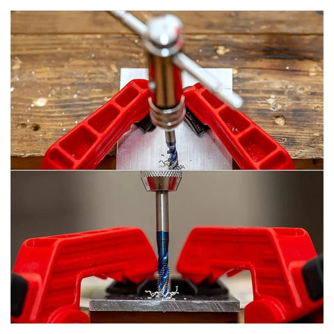 Adjustable Reversible Ratchet Tap Wrench For M5 To M12 Taps, Bidirectional Switch Lets You Thread And Back Out Without Replacing Tools, Ideal For Manual Tapping, Internal Threads, Mechanical Assembly And Mold Repair, red clamp holding tap on metal