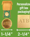 Personalized Golf Ball Marker Set Of 2 In Solid Brass And Copper With Knurled Edges Engrave Up To 20 Characters Durable American Made Metal Perfect Golf Gifts For Men Customizable Ball Markers For Serious Players, displayed in gift box packaging with engraved initials 'ATB' and size markings.