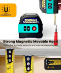 Tough 2IN1 Green Laser Tape Measure 262FT Digital Distance Meter showing strong magnetic hook for accurate measurements.