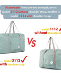 Image comparing Spirit Airlines Compatible Foldable Travel Duffel Bag Tote Carry On Luggage, models 1112 and 3112, in mint green.