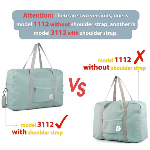 Image comparing Spirit Airlines Compatible Foldable Travel Duffel Bag Tote Carry On Luggage, models 1112 and 3112, in mint green.
